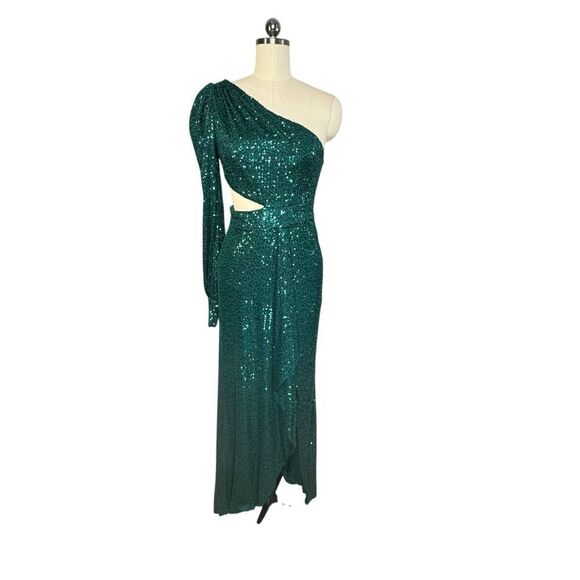 Mac Duggal 26730 Green Sequined One Shoulder Cut Out Gown| Size 2 - Picture 2 of 8